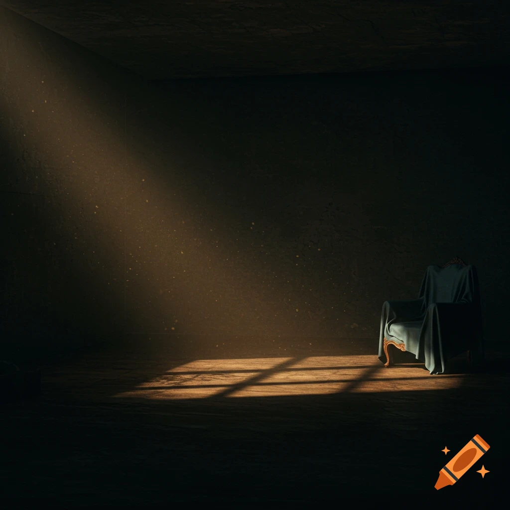 A dark, moody room with a sunbeam illuminating dust and window shadows on the floor, next to a draped chair.