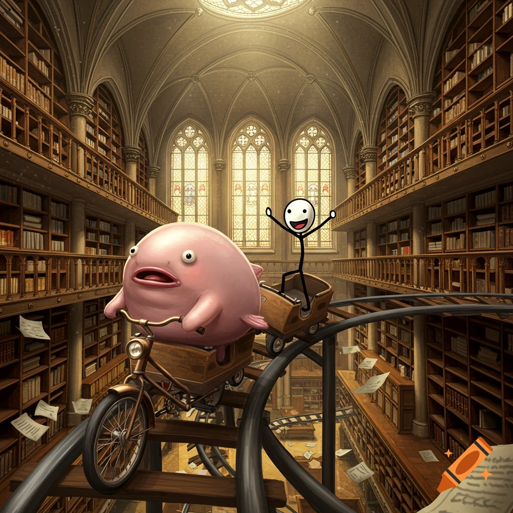 A pink blobfish on a bicycle leads a roller coaster cart with a stickman through a grand, detailed library.