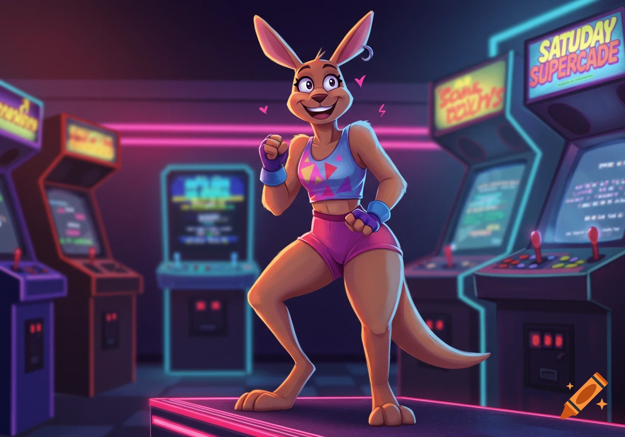 A cheerful anthropomorphic kangaroo in sportswear poses energetically in a neon-lit arcade, cartoon style.
