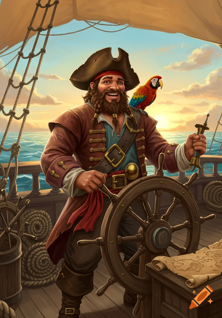 A friendly pirate with a beard and a red bandana stands at the helm of his ship, a colorful parrot on his shoulder, against a sunset ocean backdrop.