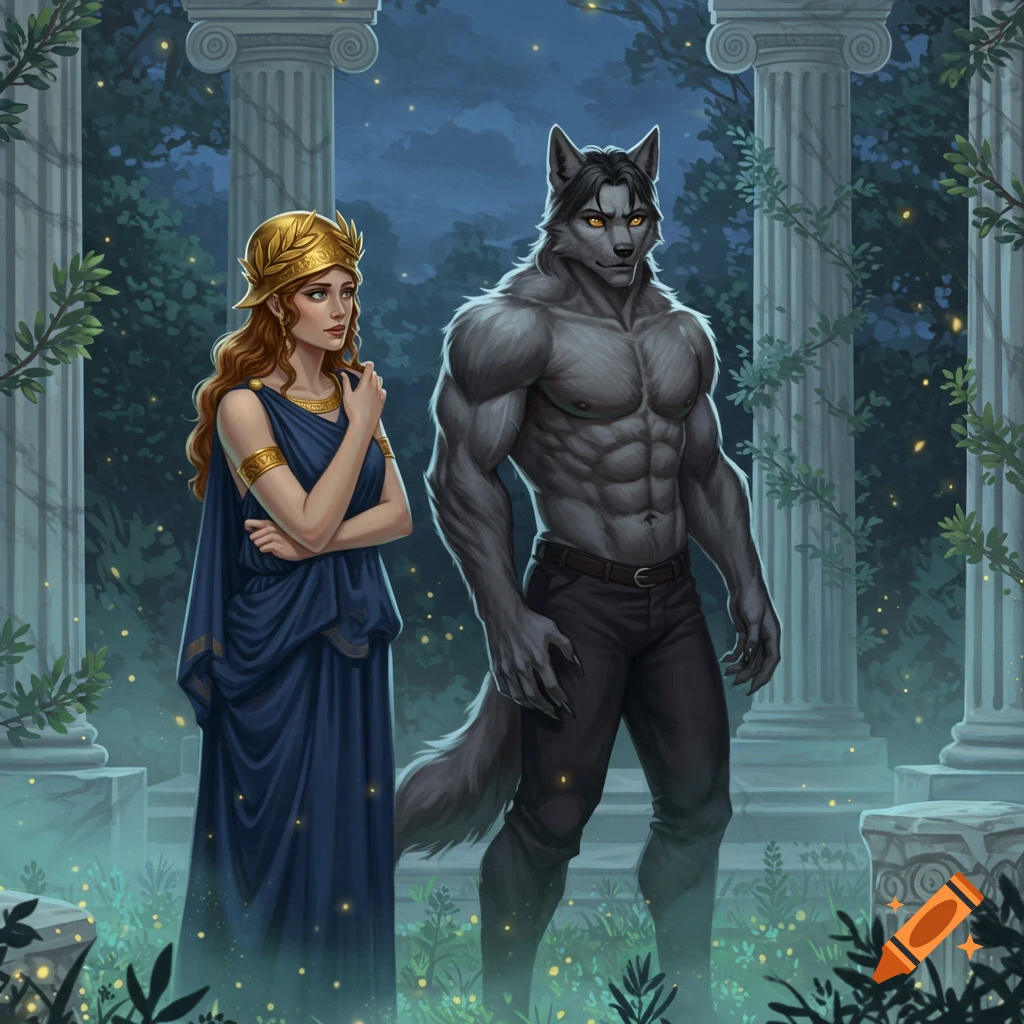 A woman in a blue Greek dress and a large gray werewolf stand amidst ancient ruins at night, glowing fireflies around them, in a digital art style.