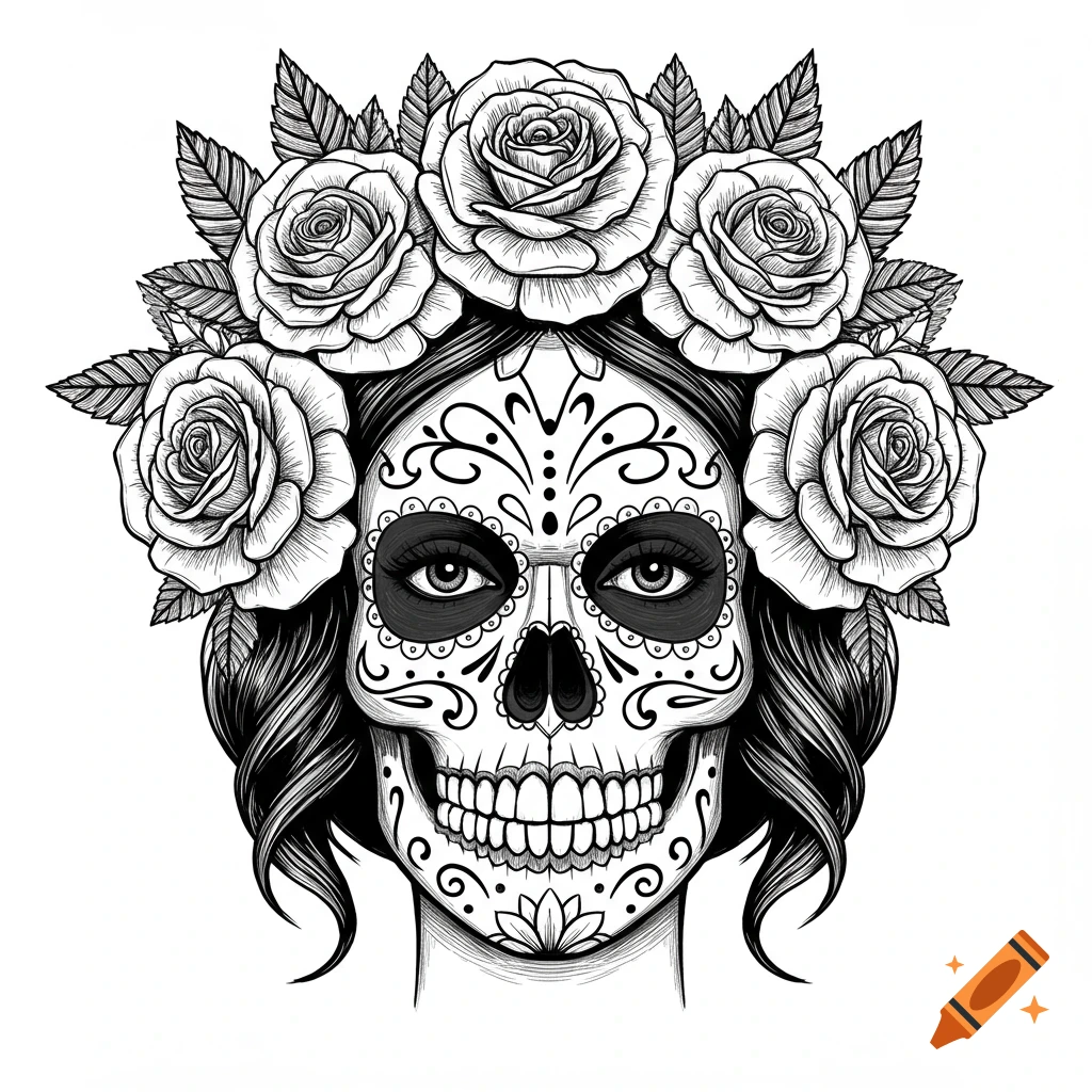 A black and white vector-style illustration of a sugar skull woman, adorned with a wreath of roses and leaves.