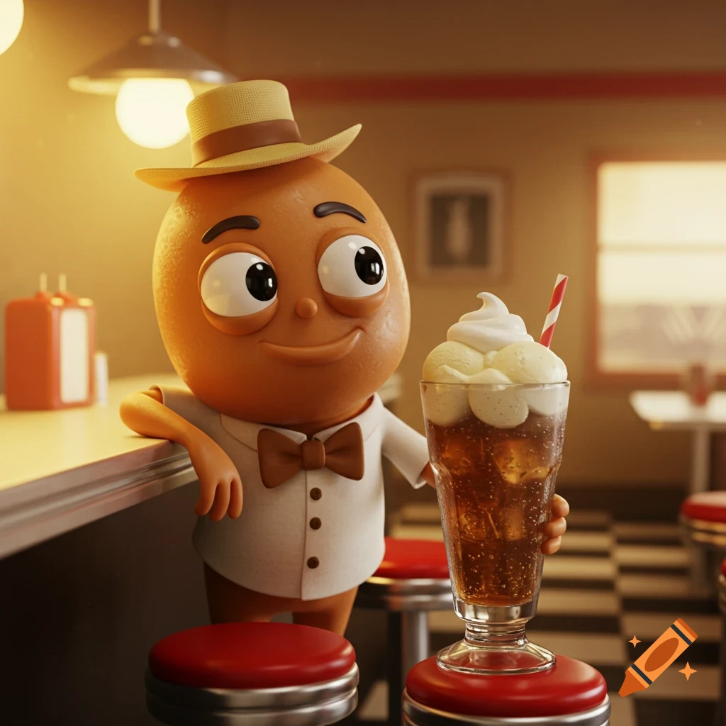 A cartoon character resembling a potato in a hat and white shirt holds a root beer float at a diner counter.