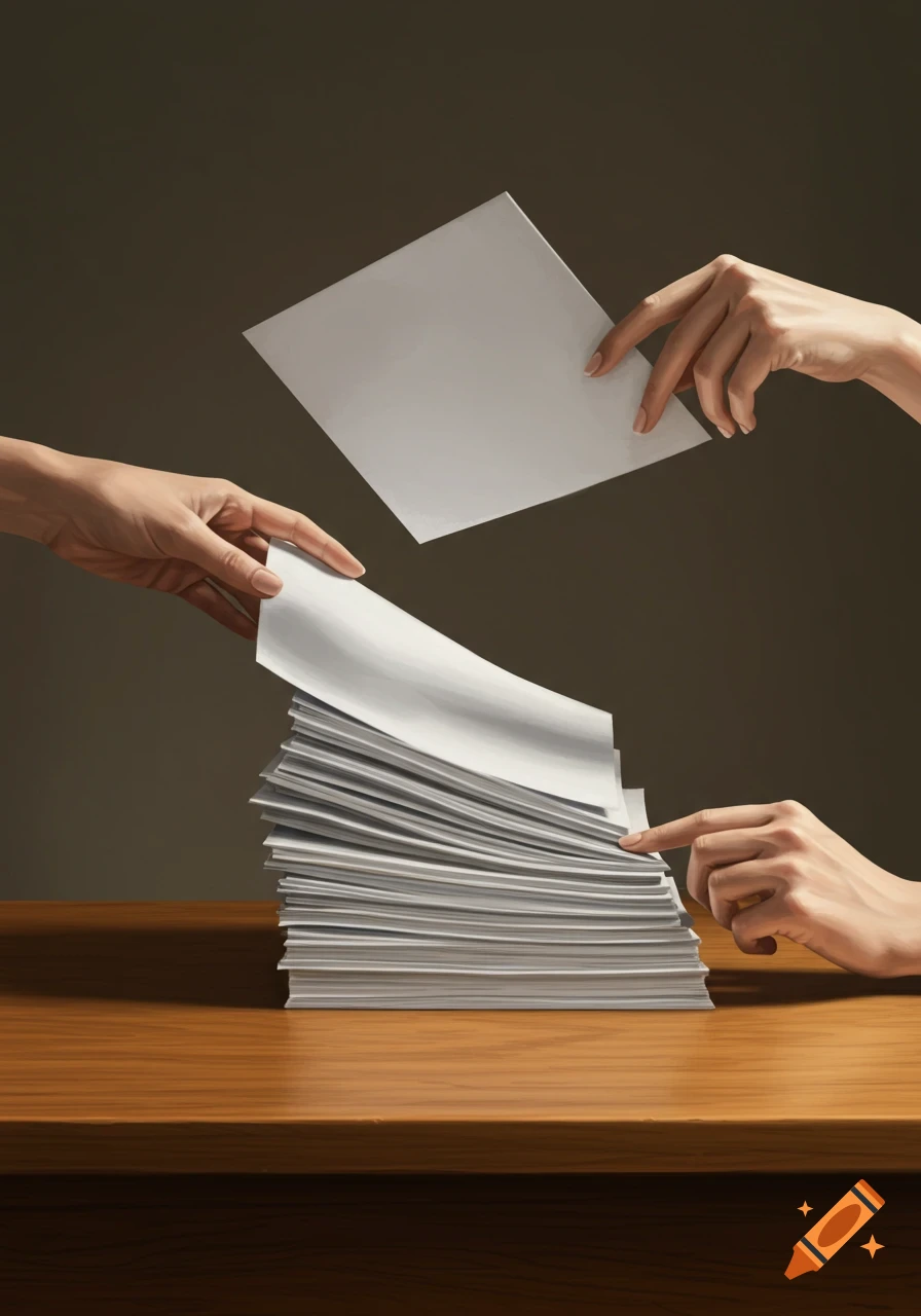 Multiple hands interact with a tall stack of blank white paper on a wooden desk.