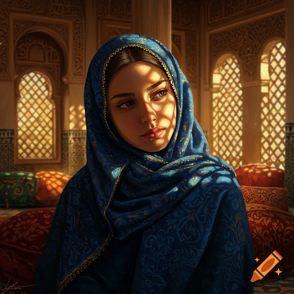 A young woman in a blue hijab with gold trim sits in an ornate, sunlit room with patterned walls and cushions, in a realistic digital art style.