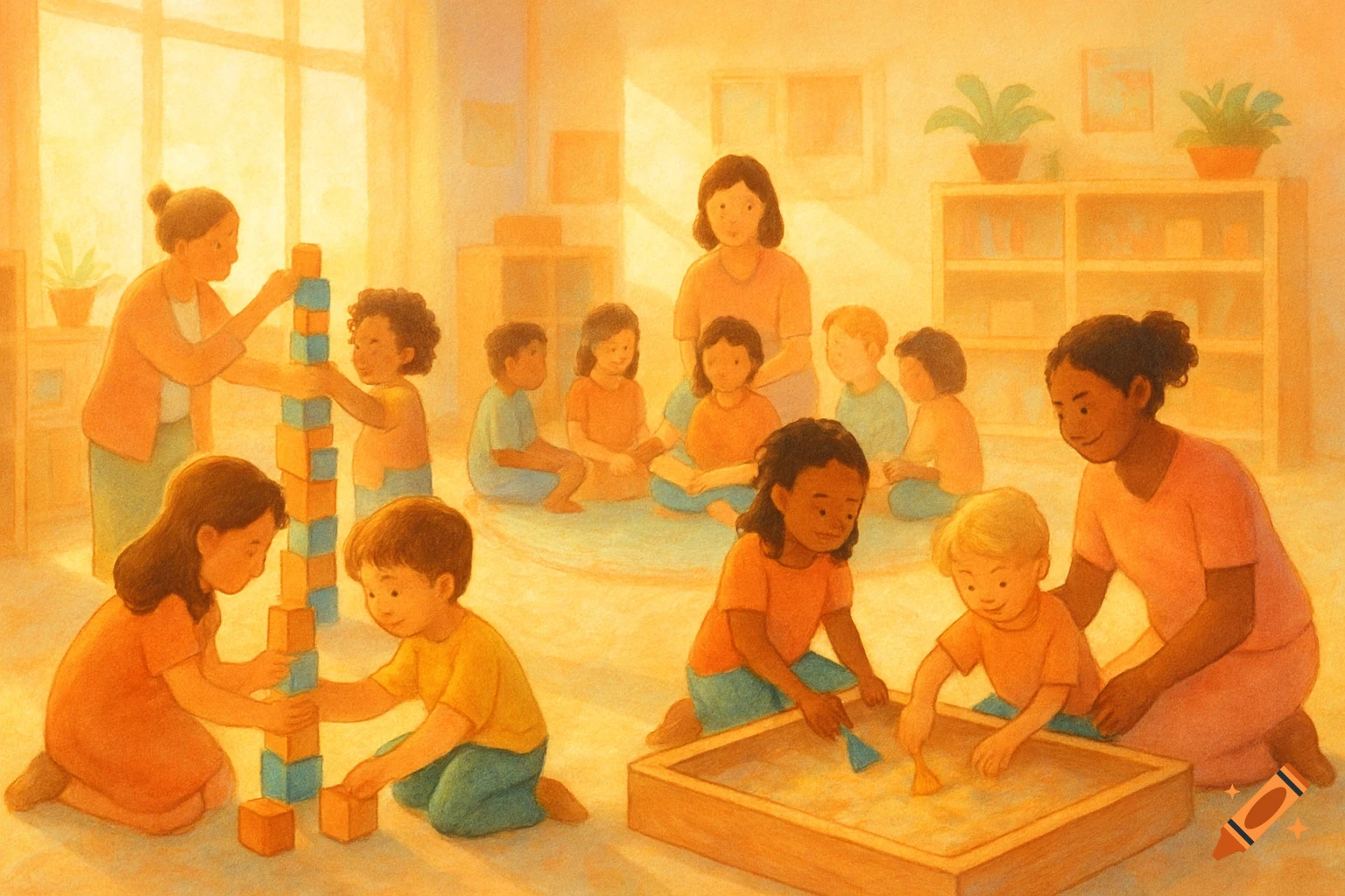 Children and adults play and learn in a sunny kindergarten classroom, depicted in a warm, soft illustration style.