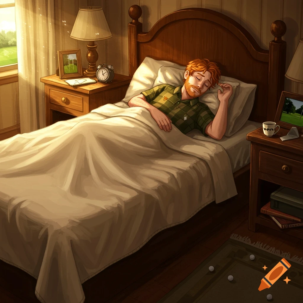 A red-haired man sleeps peacefully in a cozy bedroom with sunlight streaming through the window, golf balls on the floor.