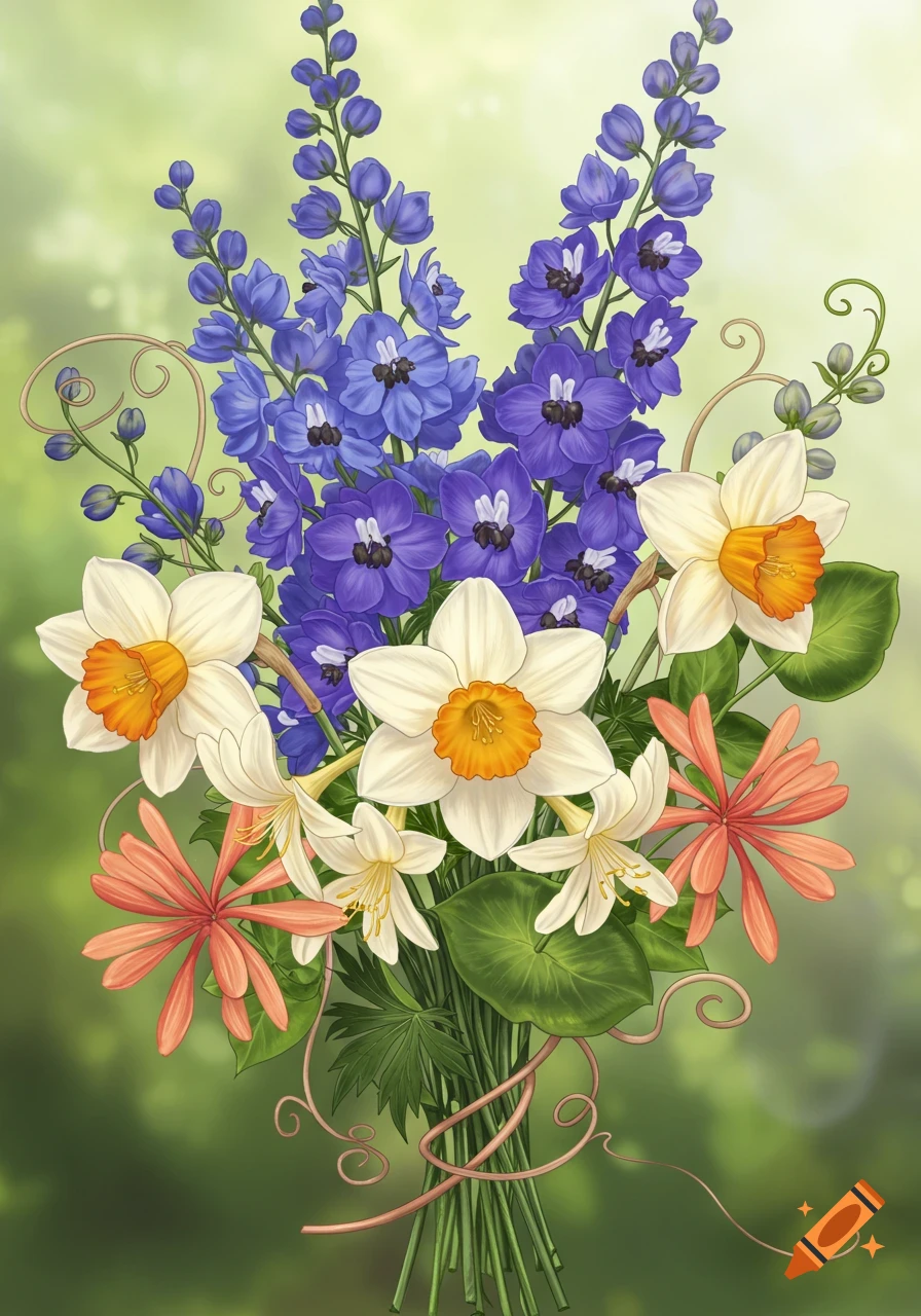 A vibrant illustration of a bouquet with blue larkspur, white and orange narcissus, and reddish-orange spiky flowers.