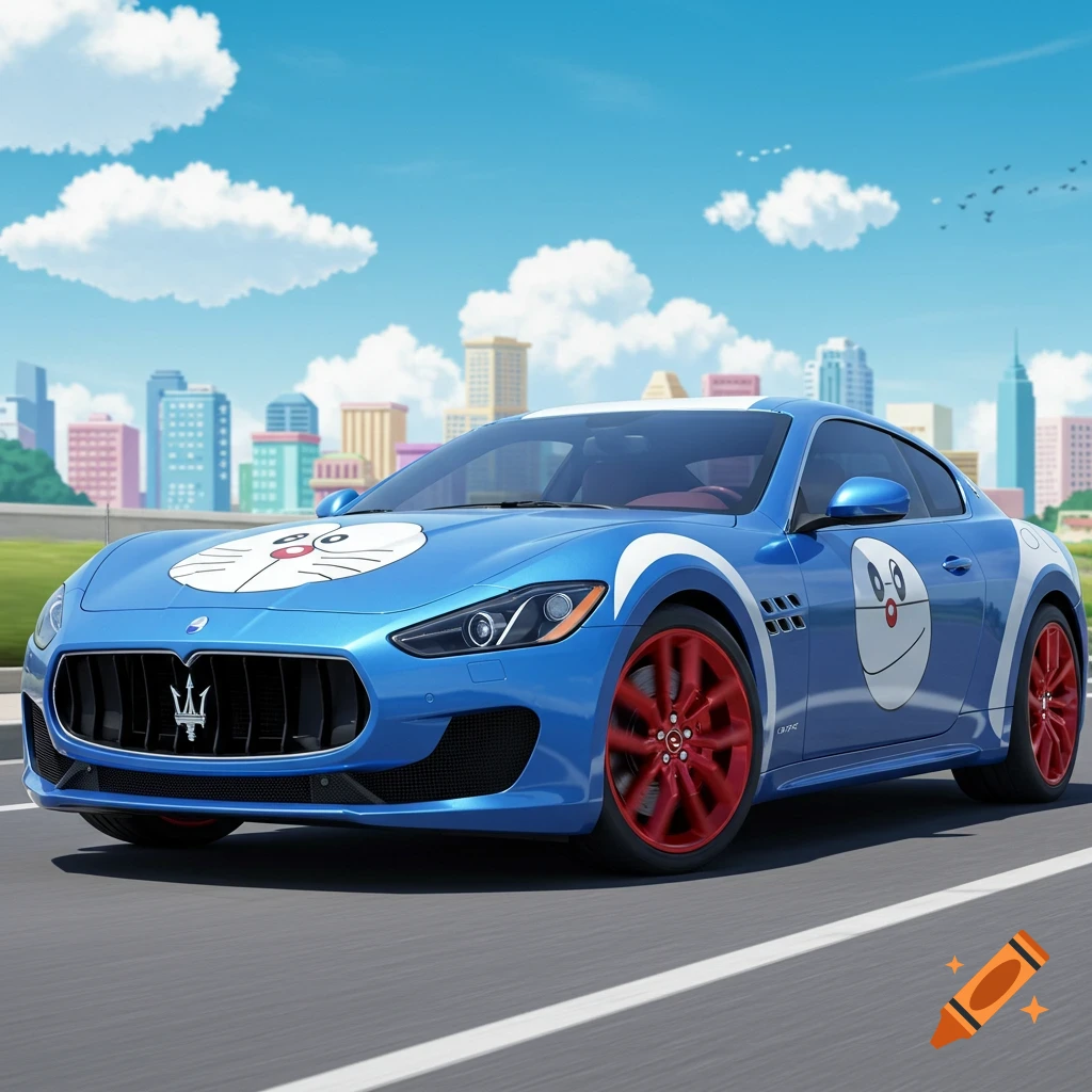A blue Maserati sports car with Doraemon's face on the hood and side, and red wheels, drives through a city.