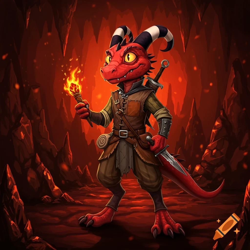A red kobold adventurer with a sword on its back holds a lit torch in a dark, fiery cave with stalactites and rocks.