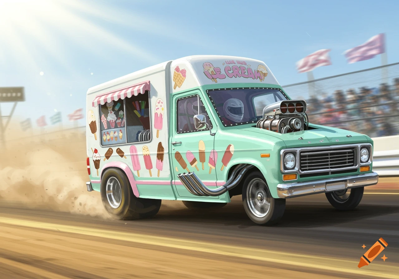 A mint green ice cream truck dragster with a supercharger speeding down a dirt track.