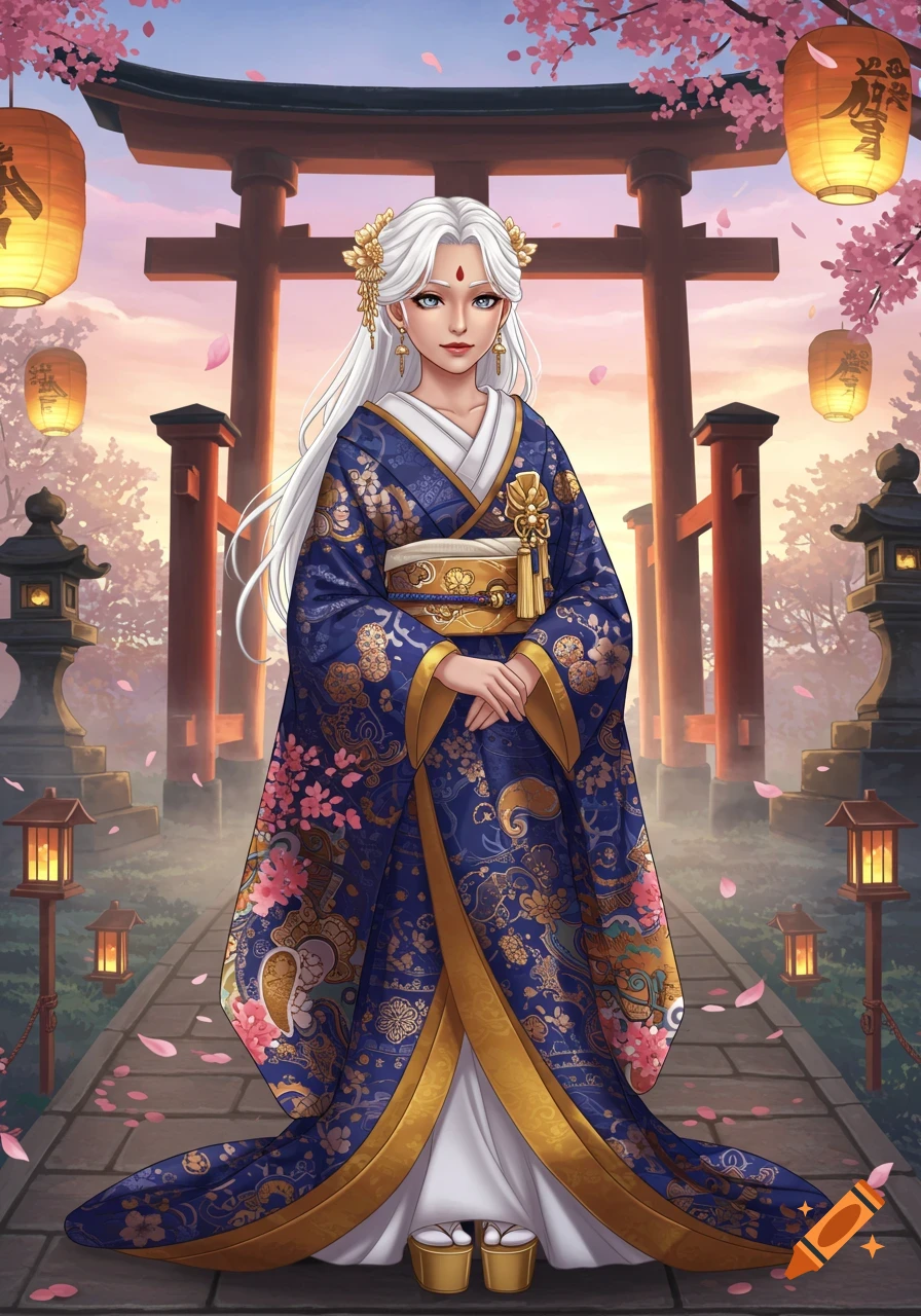 A white-haired woman in a blue and gold kimono stands before red torii gates and cherry blossoms at sunset in an anime style.
