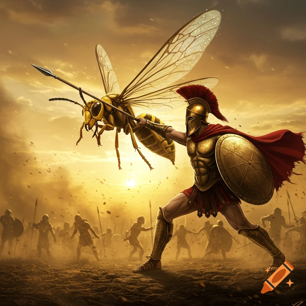 A Spartan warrior, in bronze armor and red cape, stabs a giant yellow jacket with a spear amidst a battle scene at sunset.
