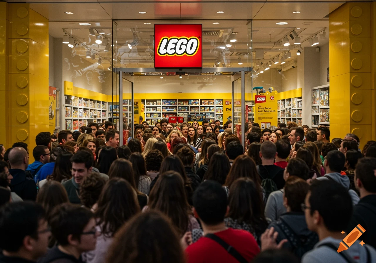 A large crowd of people gathered outside a brightly lit LEGO store entrance.