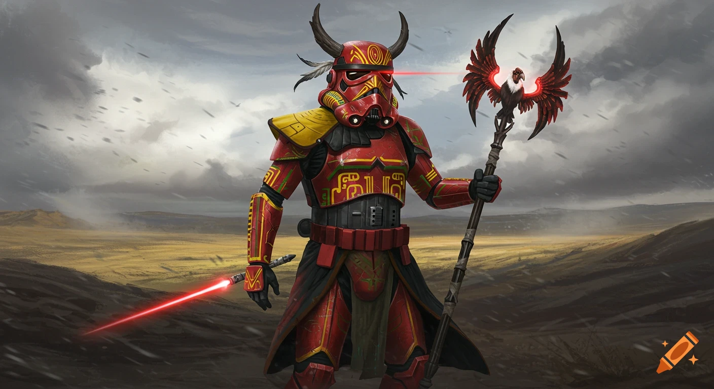 A Bolivian-inspired Stormtrooper in red, yellow, and green armor with horned helmet and glowing red eyes, holding a staff with a red glowing bird atop, and a red lightsaber, against a windswept plateau.