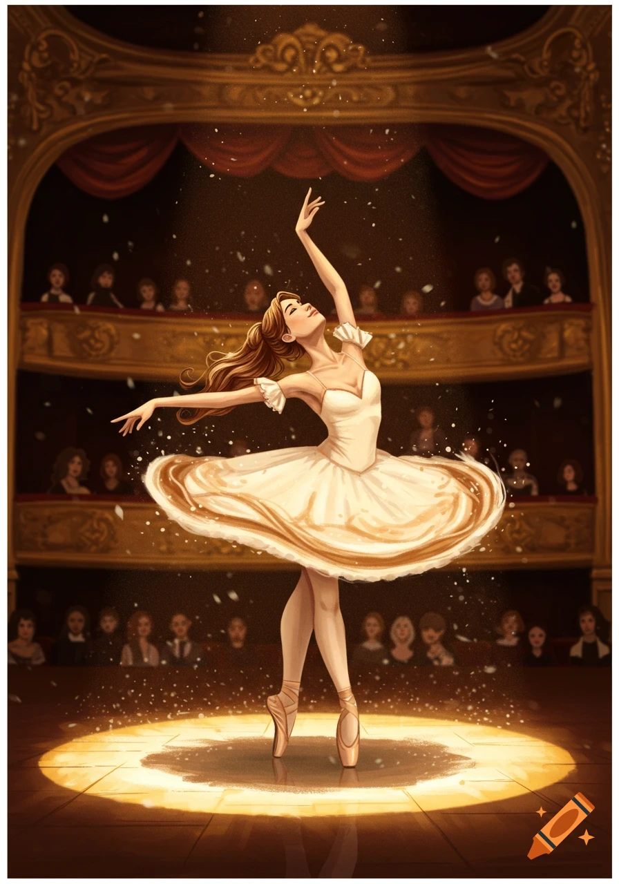 An illustrated ballerina in a white and gold tutu dances on stage under a spotlight with an audience in the background.