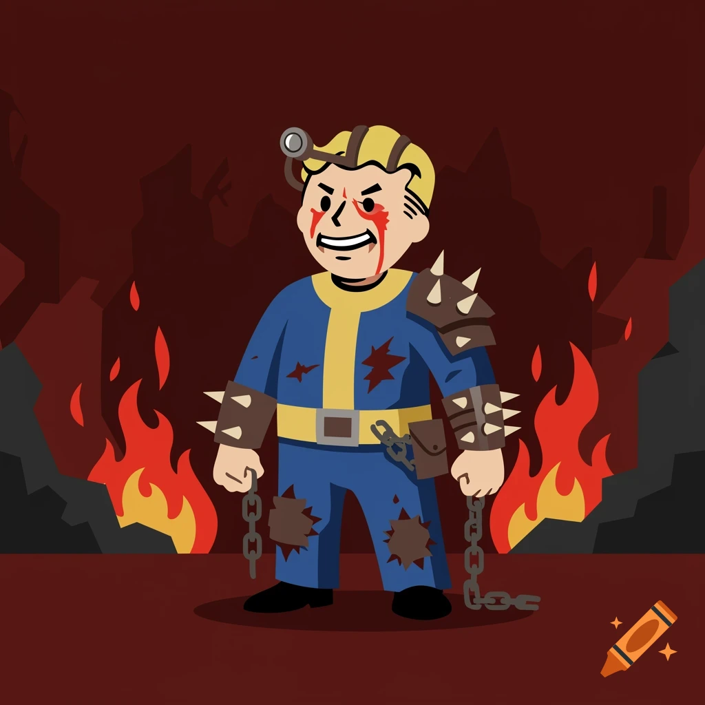 Cartoon Vault Boy character as a raider fiend, wearing a distressed blue and yellow suit with spiked armor, holding chains, against a fiery, dark background.