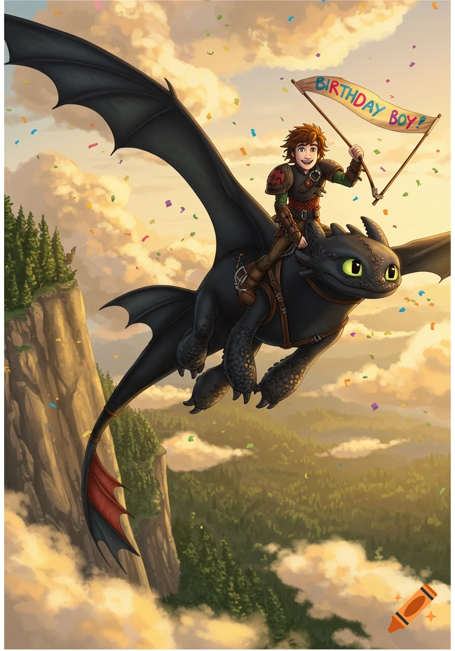 Hiccup rides Toothless, a black dragon, through a cloudy sky with confetti and a 'BIRTHDAY BOY!' banner, in a vibrant animated style.