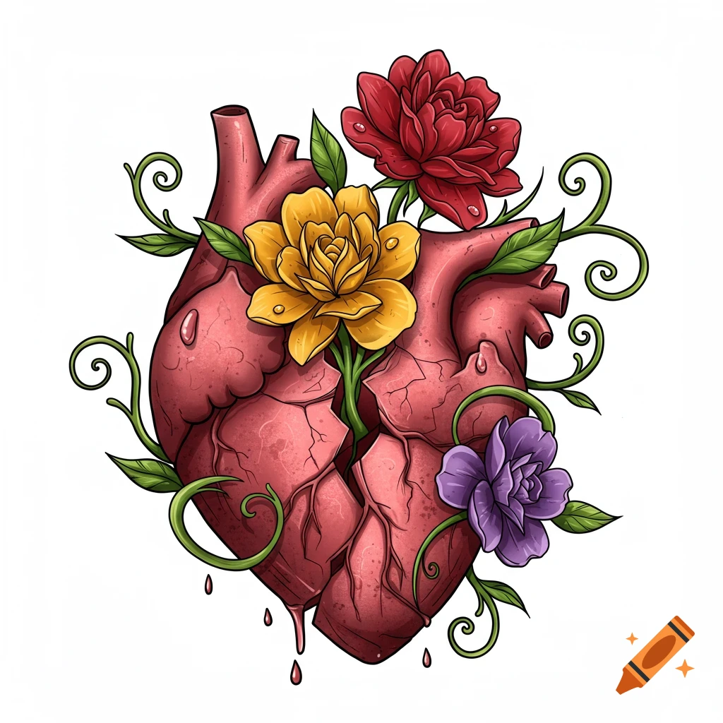 Stylized anatomical heart cracked open with yellow, red, and purple flowers blooming from within, surrounded by green vines.