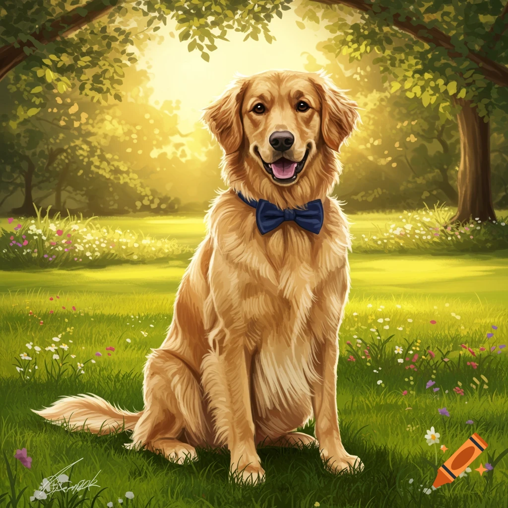 An illustrative Golden Retriever dog with a blue bow tie sitting in a sunlit grassy park.