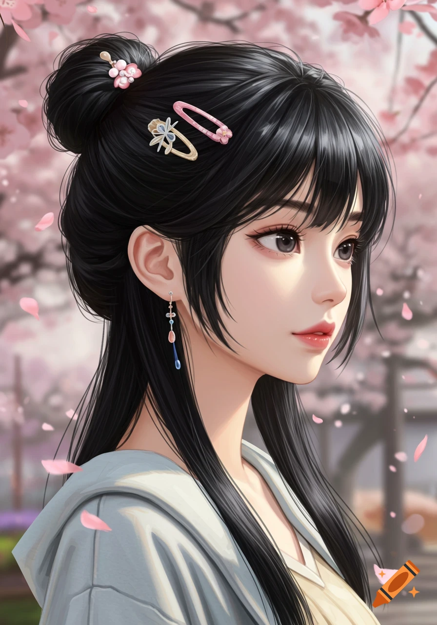 A digital art portrait of a young woman with black hair in a bun and bangs, wearing a light jacket, surrounded by pink cherry blossoms.