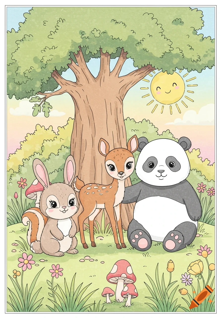 A cute bunny, deer, and panda sit under a tree in a colorful forest with flowers and mushrooms, under a smiling sun.