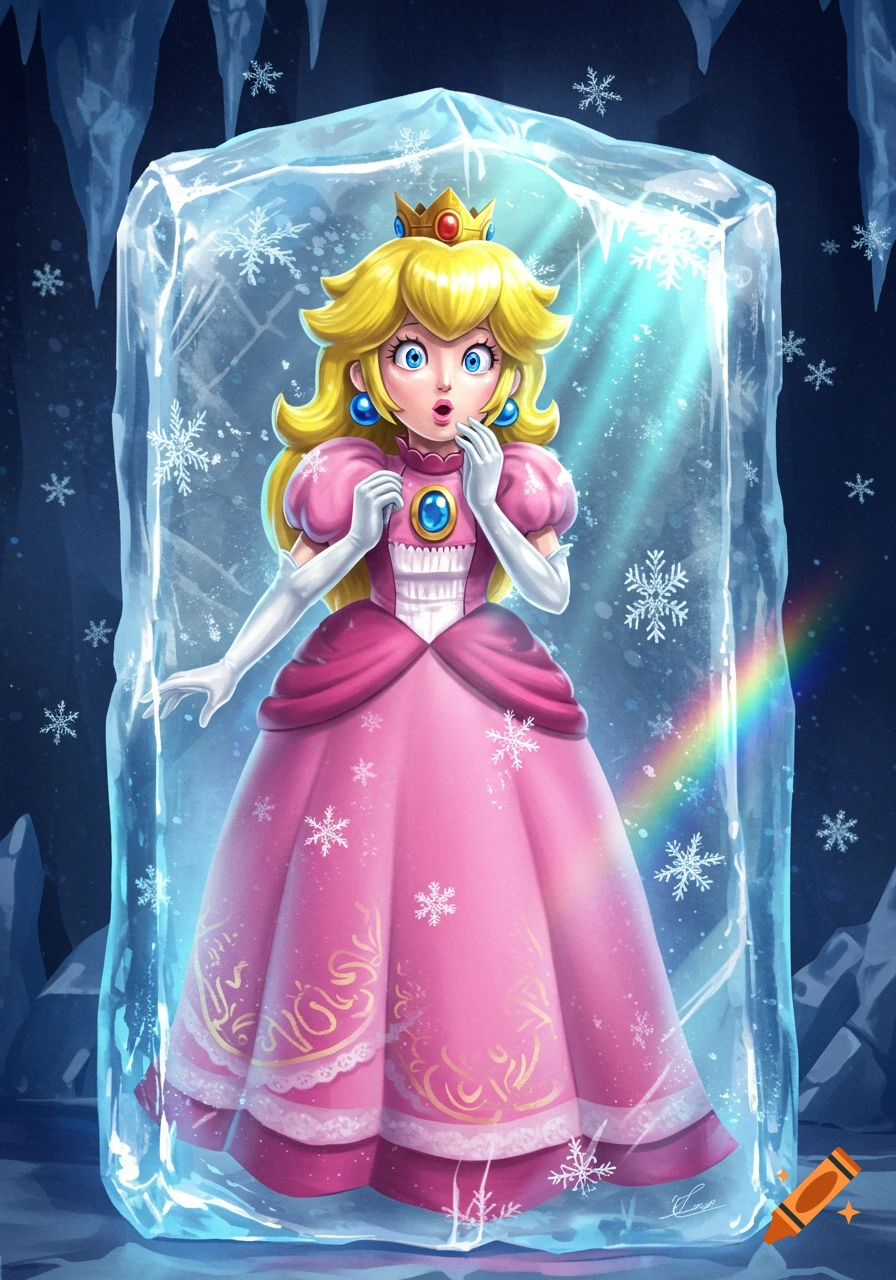 Princess Peach is trapped inside a large block of ice in a cave, surrounded by snowflakes and light rays.