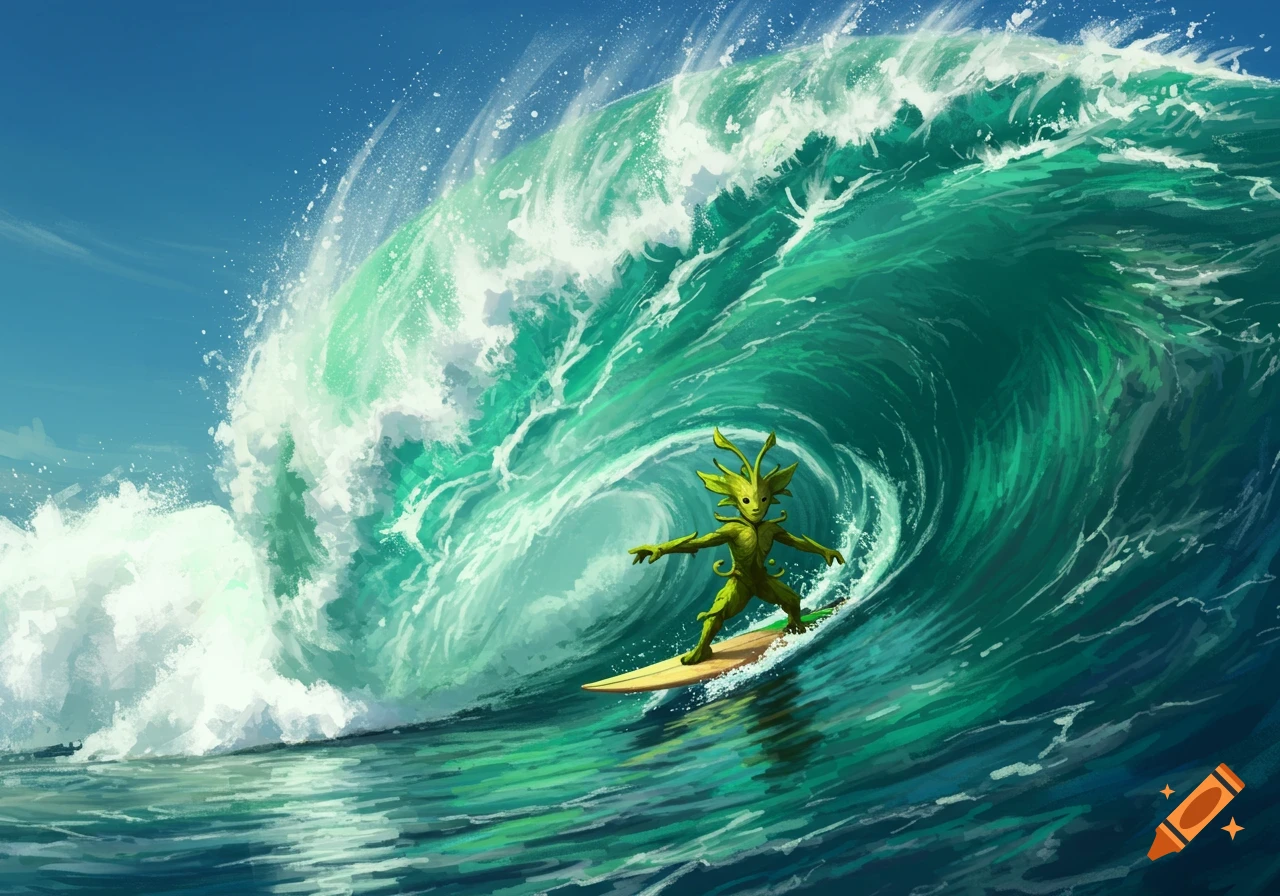 A green, plant-like creature with large eyes surfs a huge, teal-colored ocean wave.