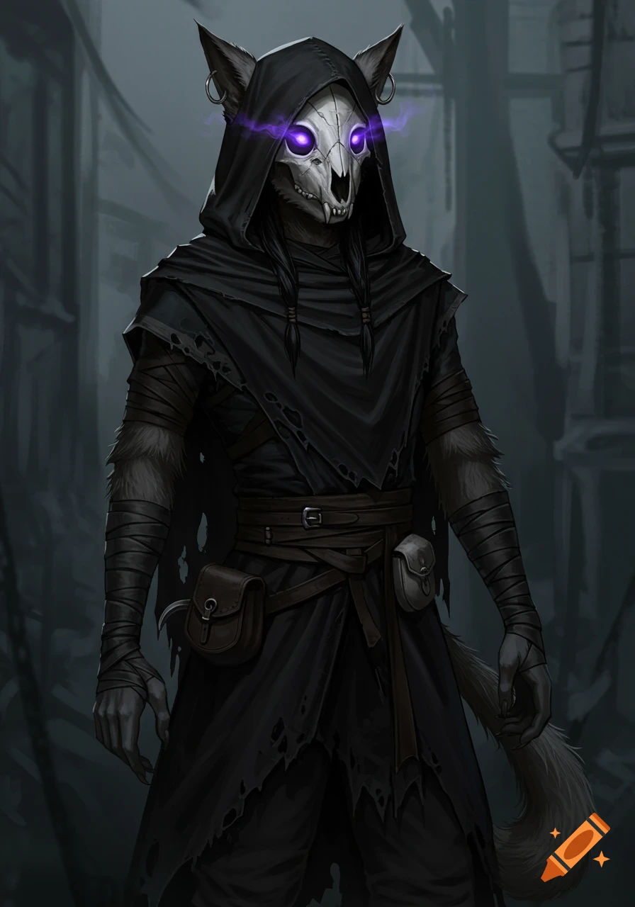 A dark fantasy creature in a hooded black cloak and tattered robes, wearing a skull mask with glowing violet eyes, with furred hands and a tail.