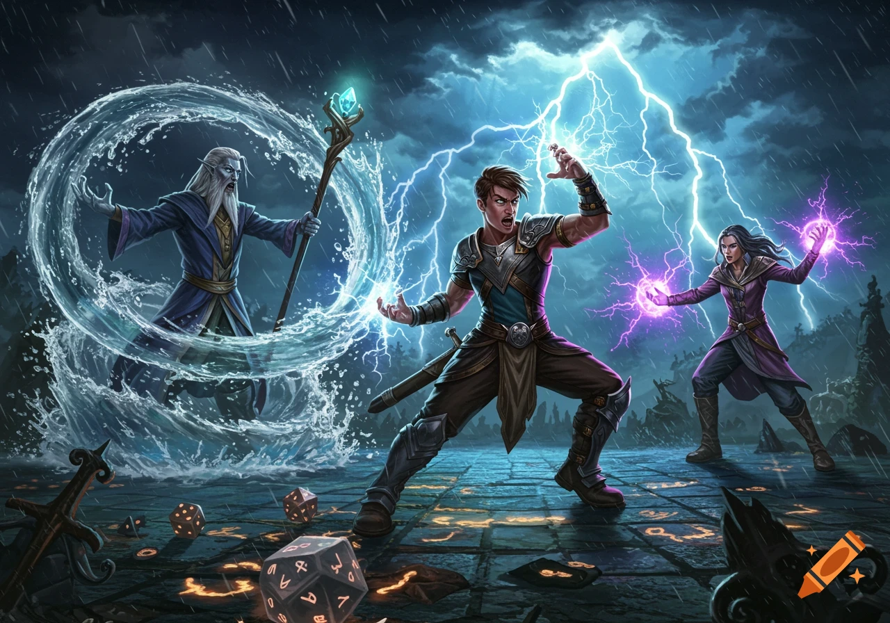 Three fantasy spellcasters unleash elemental magic amidst a stormy landscape with oversized dice on the ground.