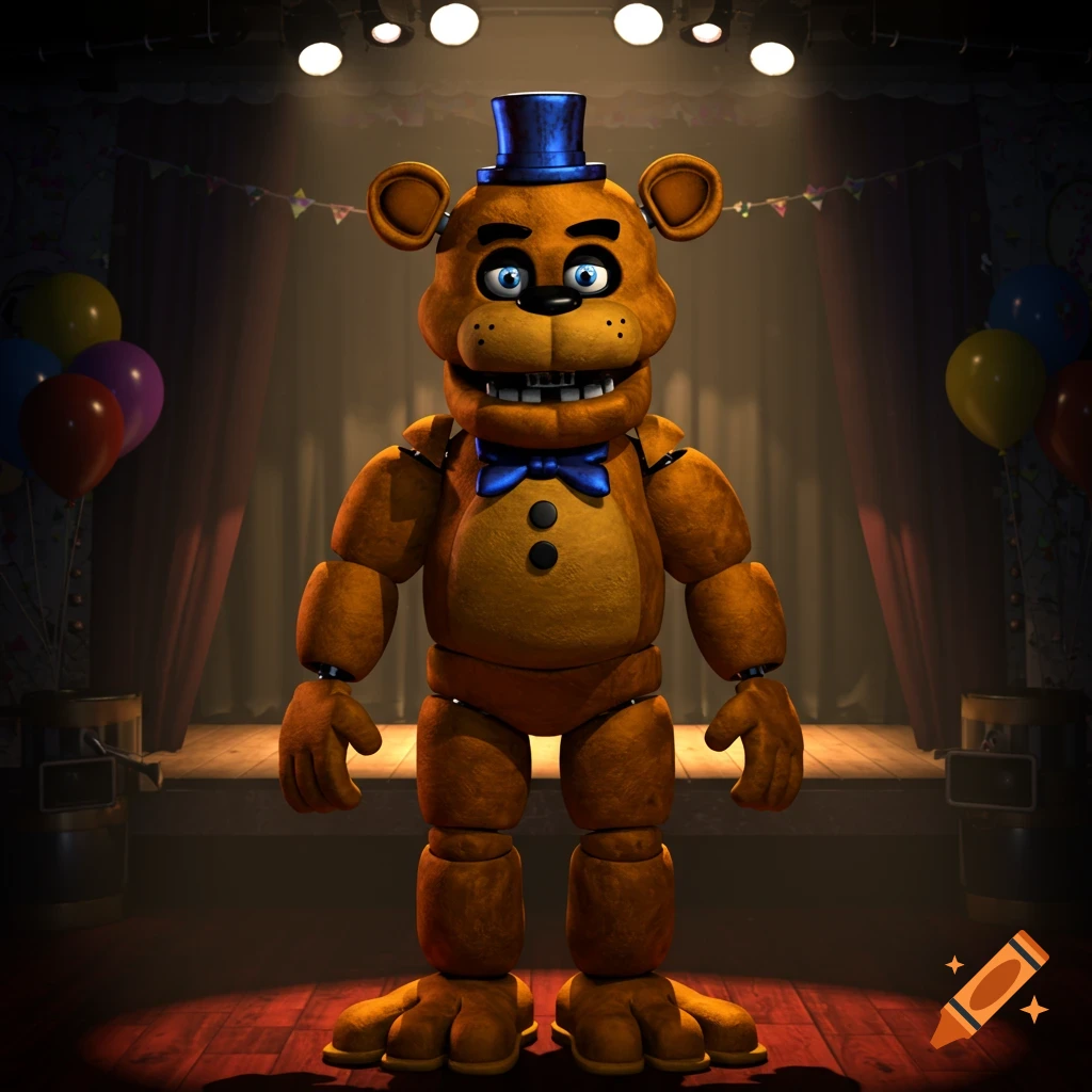 A brown animatronic bear with a blue top hat and bowtie stands on a dimly lit stage with curtains and balloons.