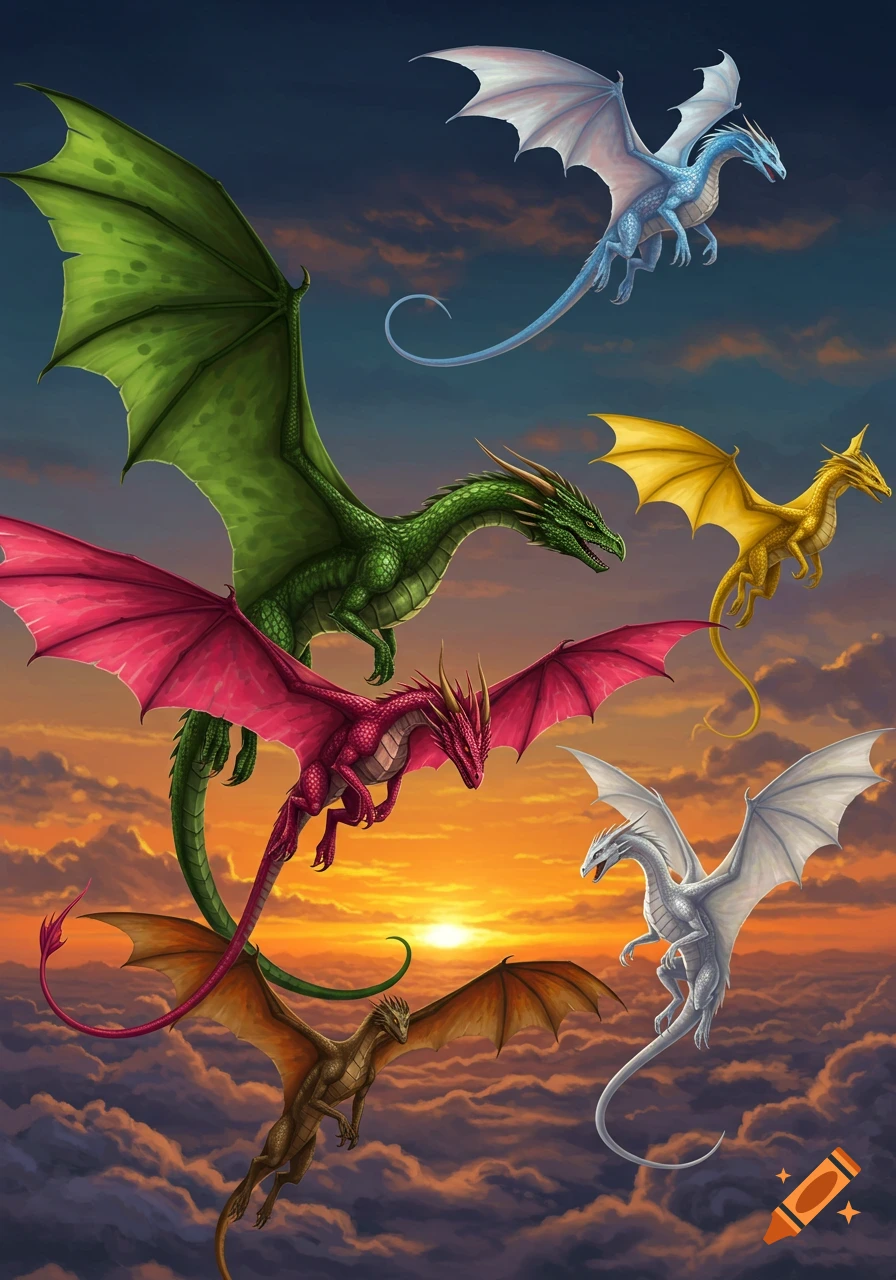Five colorful dragons, including green, pink, gold, blue, and white ones, fly through a vibrant sunset sky filled with clouds.