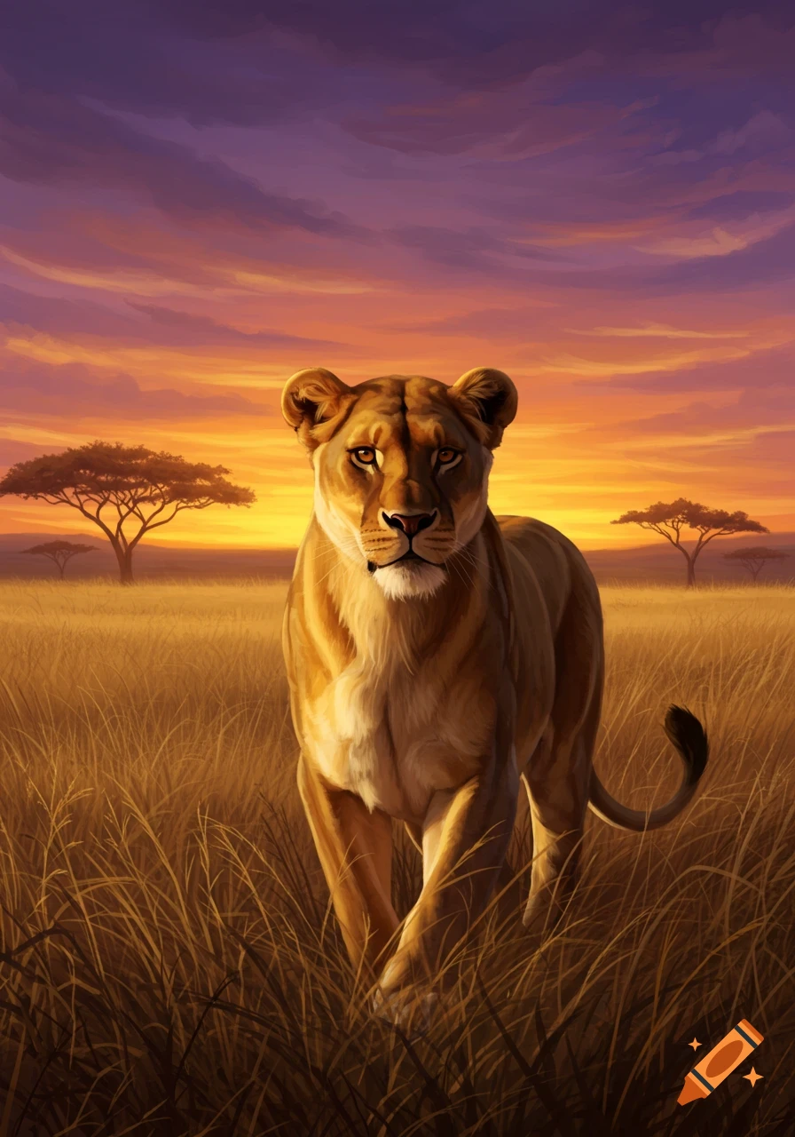 A majestic lioness walks through tall savanna grass at sunset, with acacia trees silhouetted against a vibrant orange and purple sky.