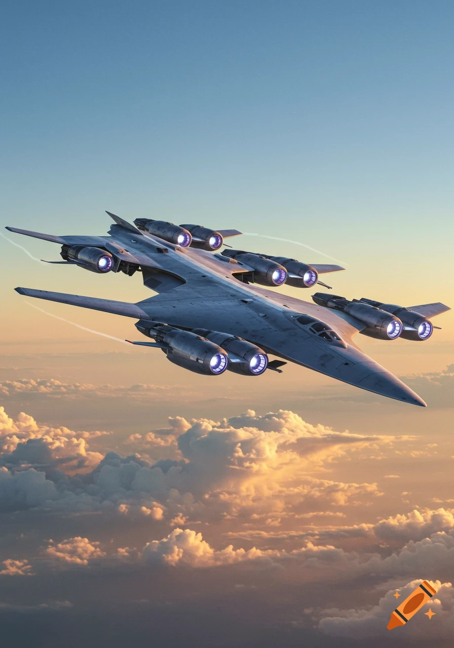 A photorealistic image of a sleek, multi-fuselage aerospace fighter craft soaring above clouds at sunset.