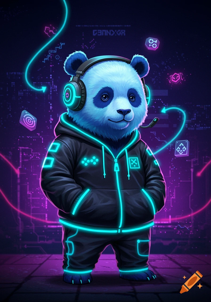 A blue panda wearing a black hoodie and gaming headphones in a neon, cyberpunk-style setting.