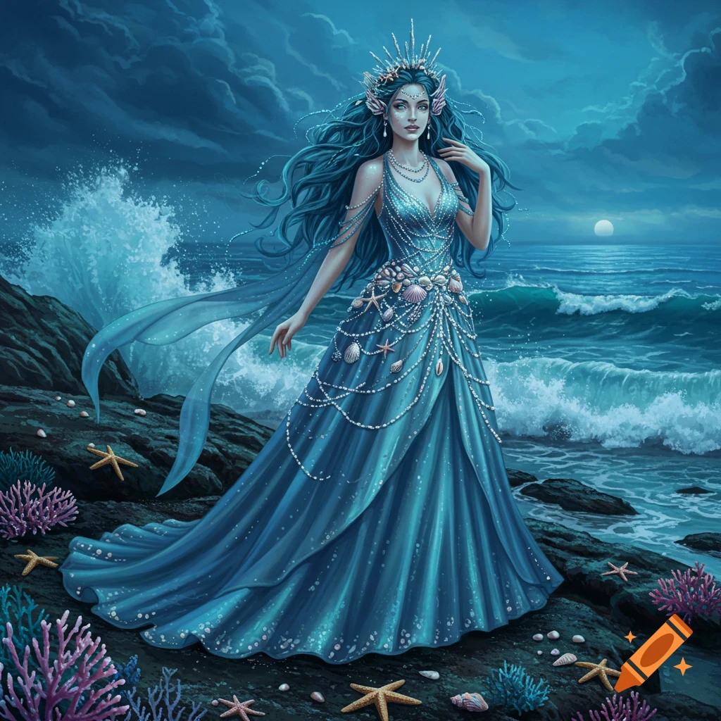 A beautiful sea goddess in a flowing blue gown adorned with shells and pearls stands on a rocky shore as waves crash under a moonlit sky.