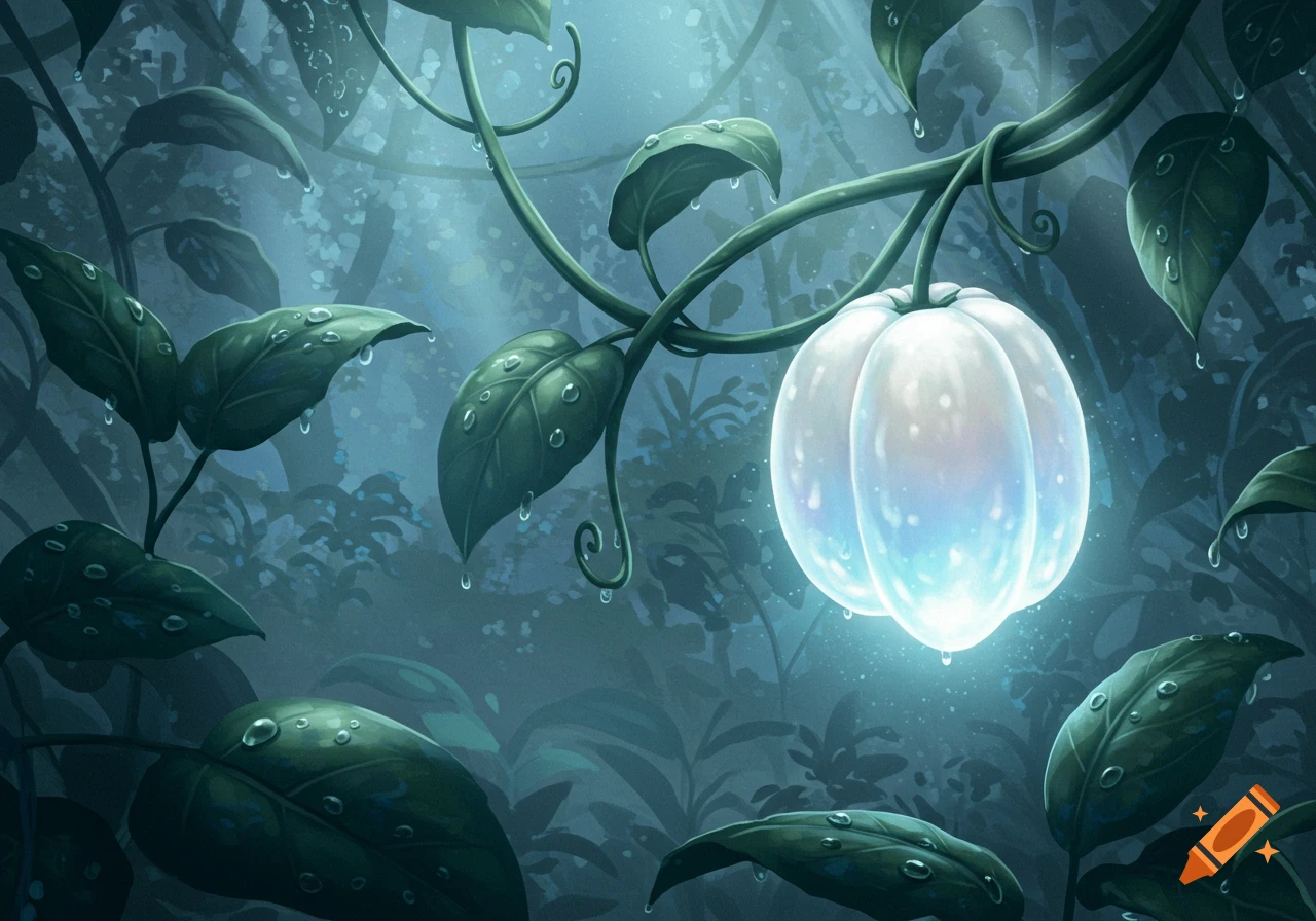 A glowing, white, pumpkin-shaped mist fruit hangs from a vine with dewy leaves in a dark, magical forest.
