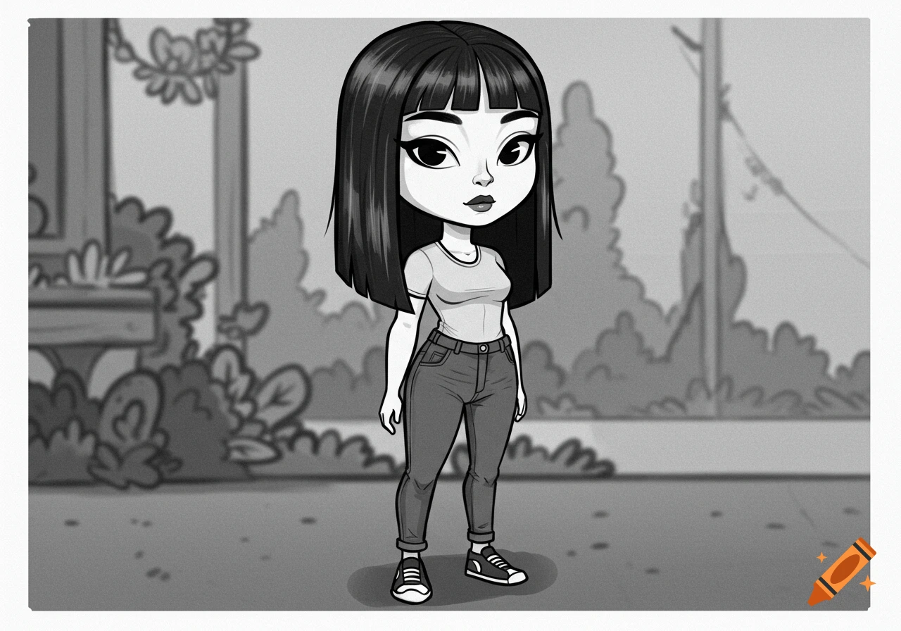 A black and white 2D cartoon character of a young woman with a large head, black bob hair, and large eyes, wearing a t-shirt, jeans, and sneakers.