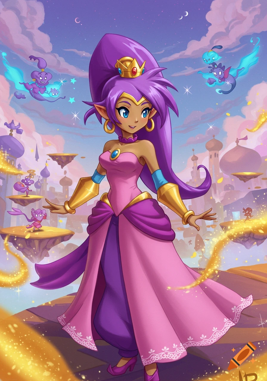 An animated woman with purple hair and a pink princess dress stands on a floating island with genie spirits in a fantasy sky.