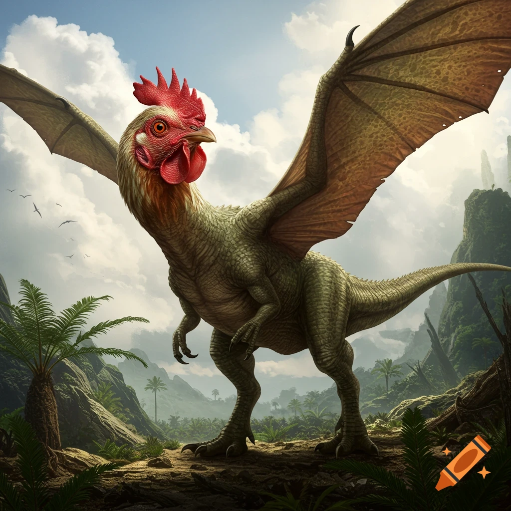 A giant green dinosaur with large wings and a chicken head stands in a prehistoric jungle landscape under a cloudy sky.