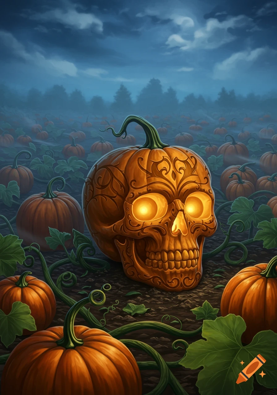 An ornate skull-carved pumpkin with glowing eyes sits in a misty pumpkin patch under a cloudy night sky.