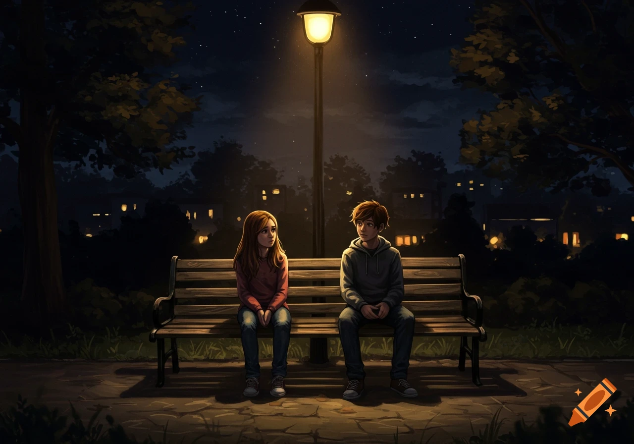 An illustration of a boy and a girl sitting on a park bench at night, illuminated by a street lamp.