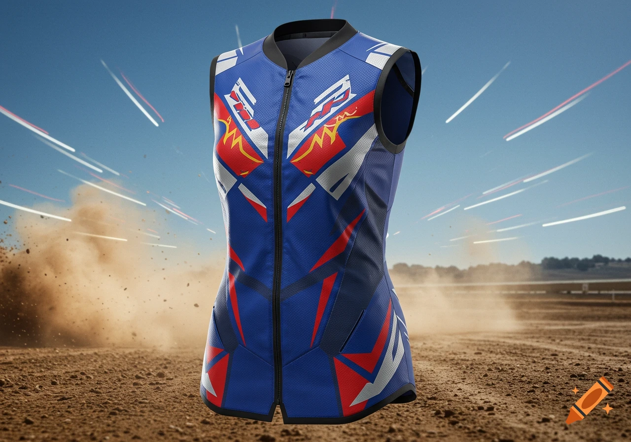 A blue, red, and white zippered vest stands in a dirt field with motion blur lines in the sky.