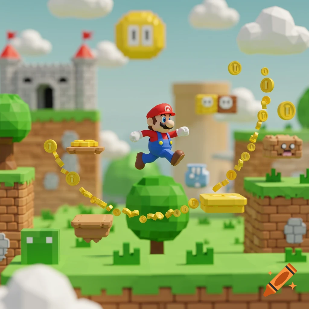 Super Mario character in a colorful, blocky 3D rendered landscape, jumping over a trail of golden coins towards a castle.