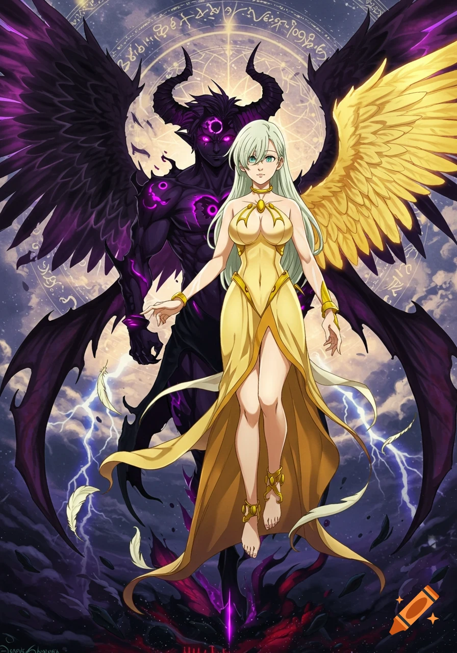 An anime-style image of a demon with black and purple wings behind a goddess with long white hair and a golden dress with one gold wing, standing amidst lightning and mystical symbols.
