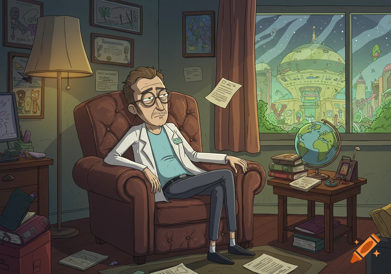 A tired, bespectacled male therapist in a white lab coat sits in an armchair in an office with a large window overlooking an alien cityscape in a Rick & Morty cartoon style.