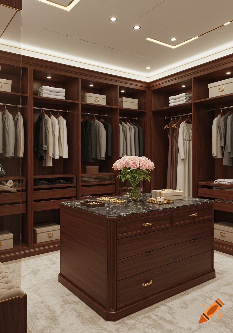 A luxurious photorealistic walk-in closet with dark wood cabinetry, a marble-top island, hanging clothes, and pink roses.
