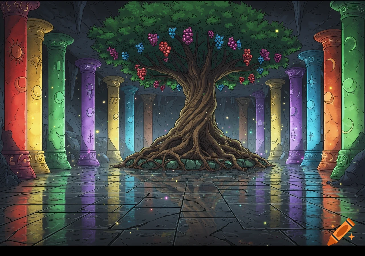 A vibrant fantasy cave scene with a large, gnarled magical tree at the center, its branches bearing glowing, colorful fruits. It is surrounded by tall, multicolored pillars with carved mystical symbols, all reflected on a shiny, cracked stone floor. Glowing particles float in the air.