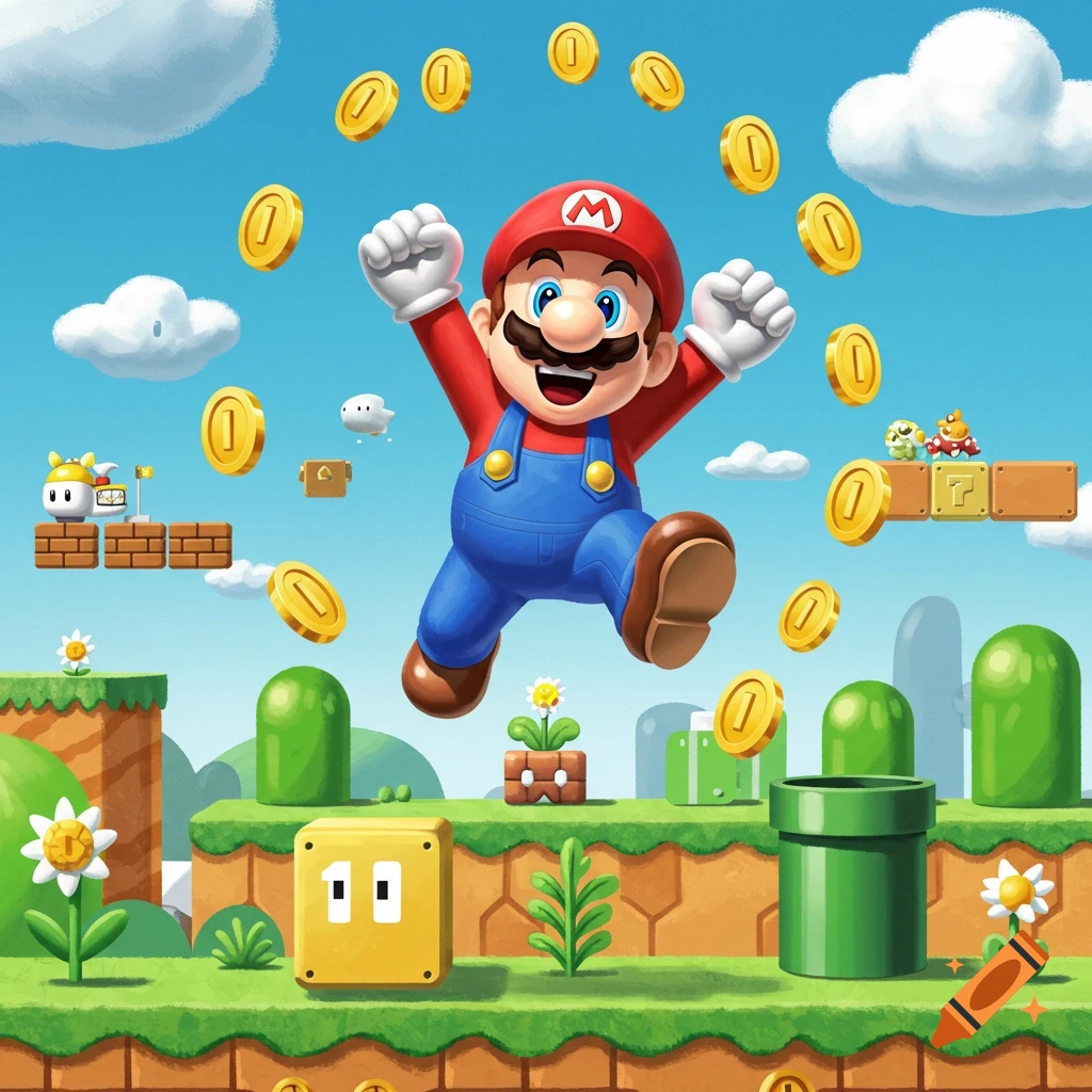 Cartoon Mario jumps happily among golden coins and classic Super Mario Bros. game elements like green pipes and blocks under a blue sky.