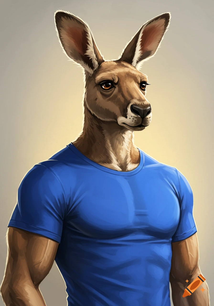 A close-up, stylized portrait of a muscular, anthropomorphized kangaroo wearing a blue t-shirt.